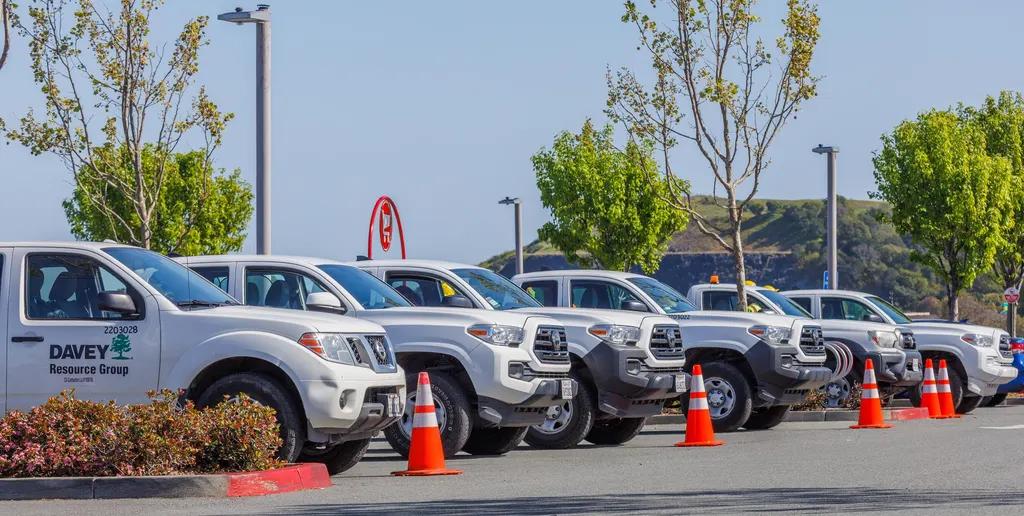 Flotte de pick-up utilitaires stationnés sur un parking